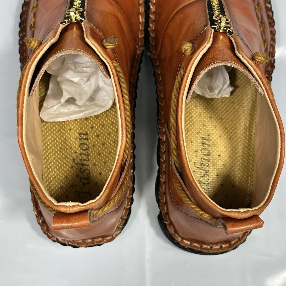 Men Casual Shoes Handmade Leather Size 11-11.5 Brown Chukka Zip Nonslip Ankle